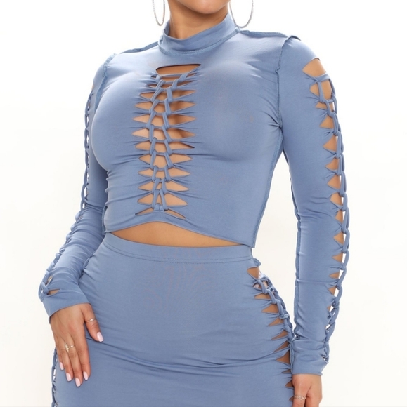 Fashion Nova Kara Cut Out Denim Blue Long Sleeve Mini Skirt Set - Picture 5 of 16